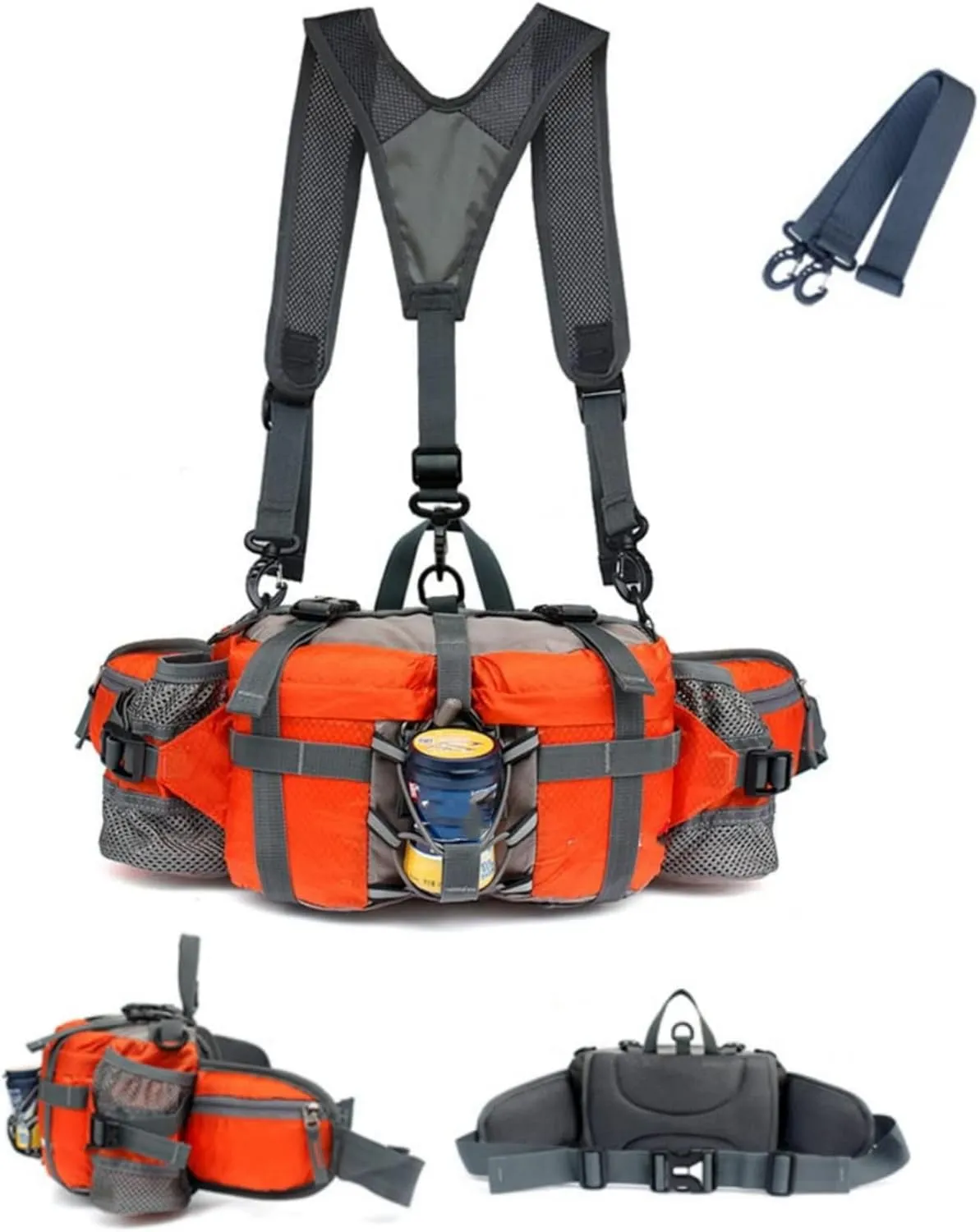 Hiking Fanny Pack with Water Bottle Holder & Double Shoulder Straps, Hiking Essentials for Men Women Waterproof Outdoor Waist Bag, Lumbar Backpack for Fishing Hunting Running Sports