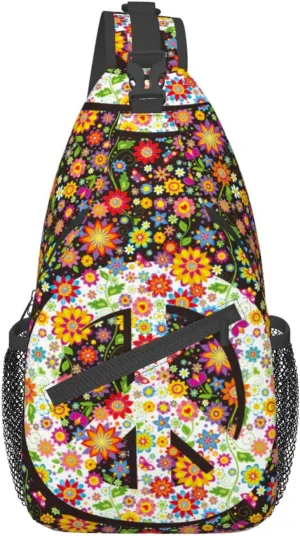 Hippie Flower Peace Sling Bag For Women Men Vintage Floral Travel Hiking Backpack Crossbody Shoulder Chest Bags Casual Daypack Sport
