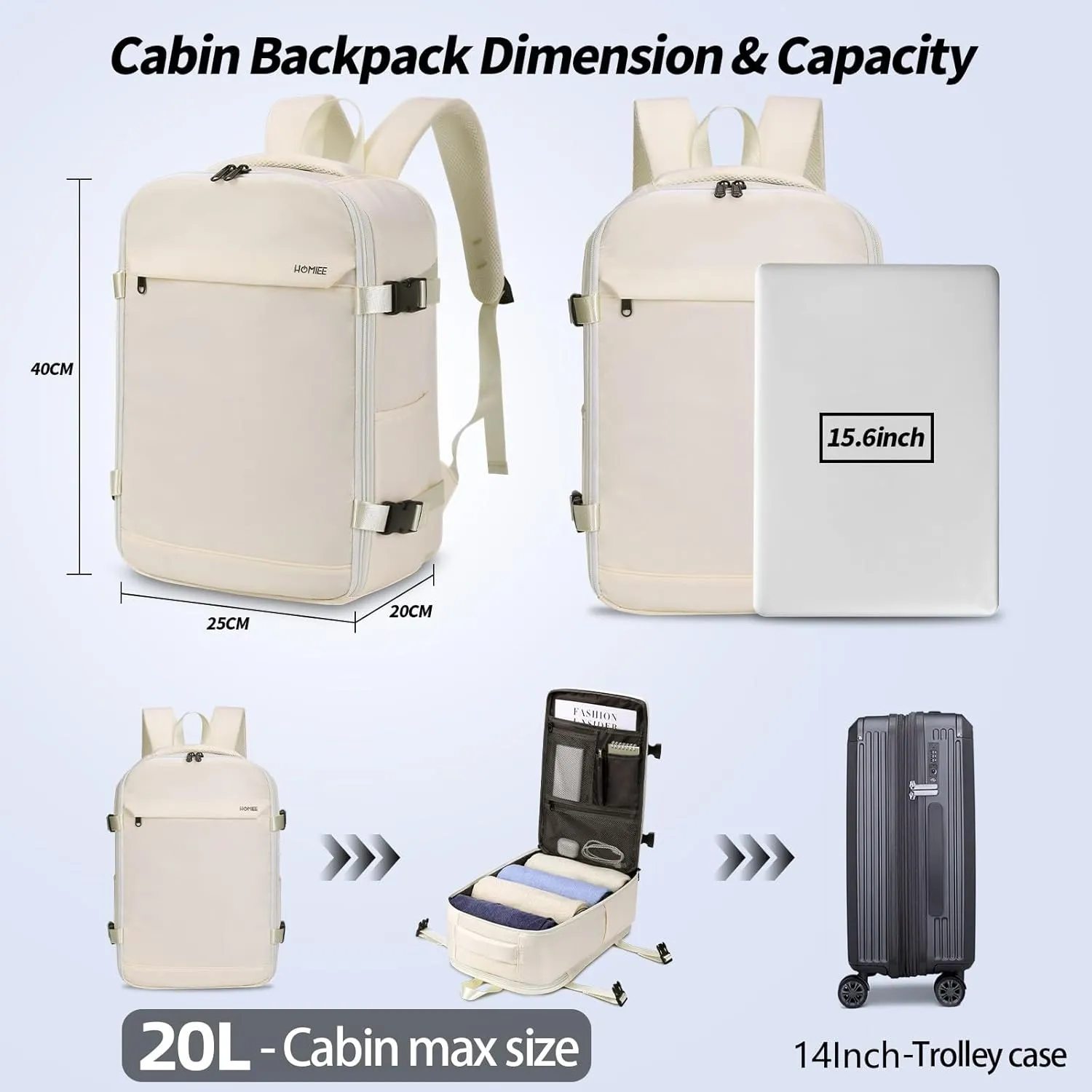 HOMIEE Small Travel Backpack Ryanair Personal Item 40x20x25 Cabin Bag, 20L Carry on Luggage Underseat Airline Approved Weekender Bag Fits 15.6 Inch Laptop, Beige