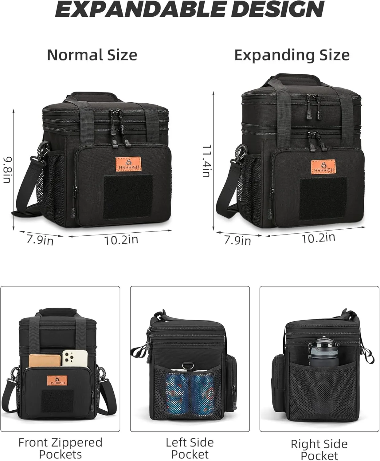 HSHRISH Expandable Large Tactical Lunch Box for Adults, Durable Insulated Lunch Bag with Shoulder Strap, Soft Cooler Bag for Men Work Outdoor Picnic Trips, 20 Can/16 L, Black