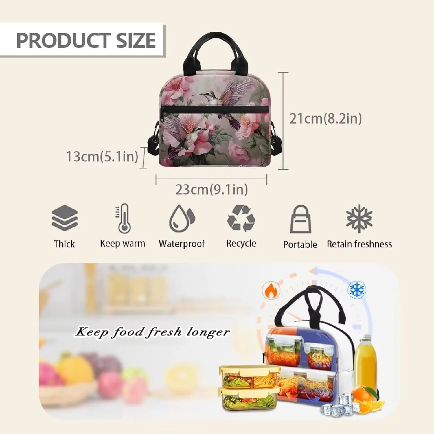 Hummingbird Floral Print Lunch Bag for Boys Men, Lightweight Insulated Lunch Box Handbag for Men, Reusable Lunch Bag Kids Lunch Bag for School