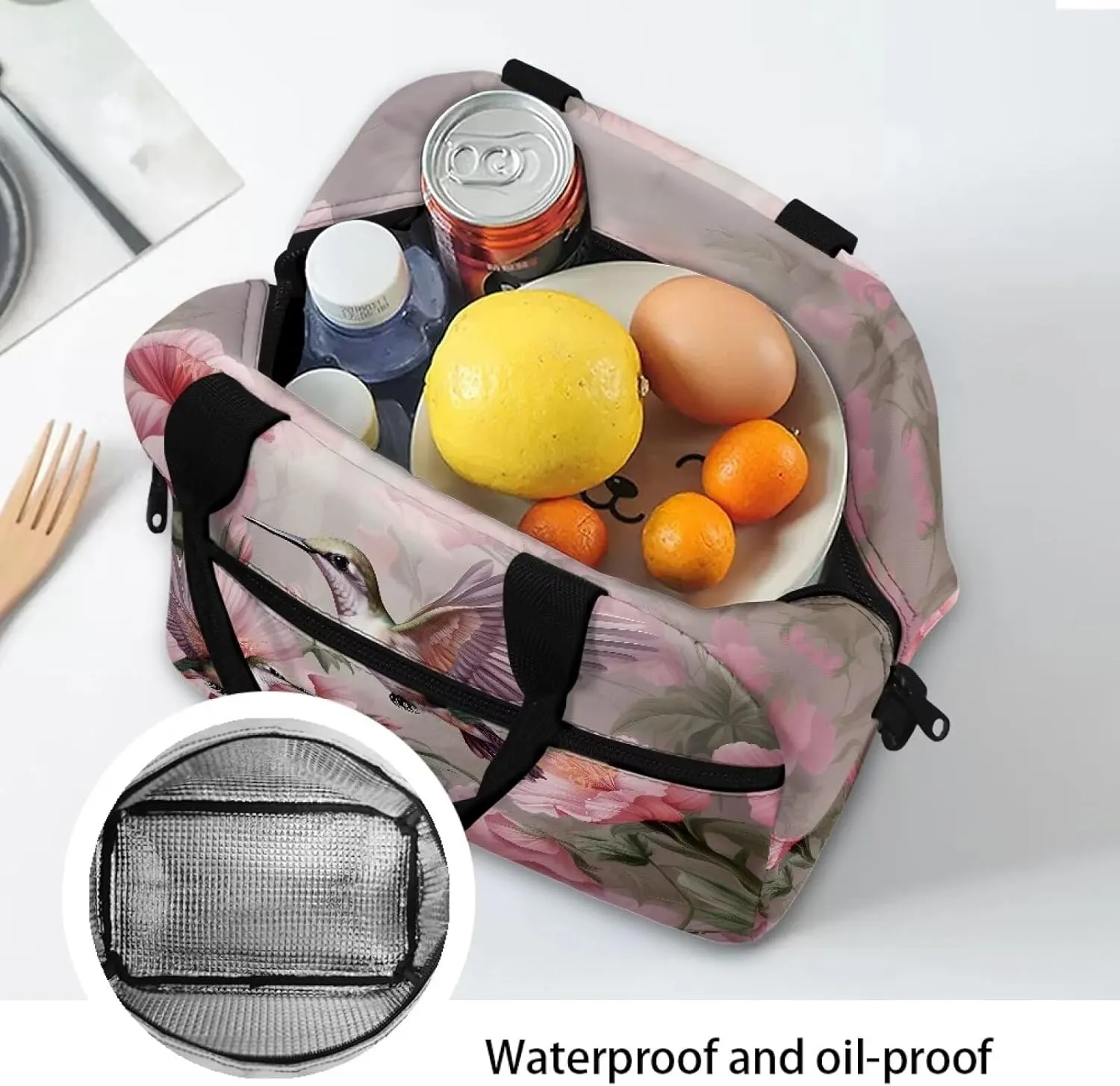 Hummingbird Floral Print Lunch Bag for Boys Men, Lightweight Insulated Lunch Box Handbag for Men, Reusable Lunch Bag Kids Lunch Bag for School