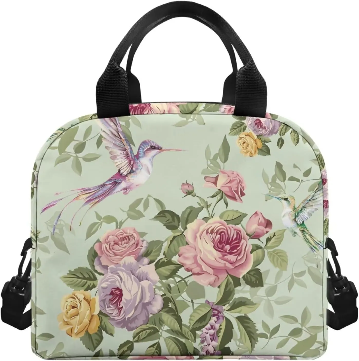 Hummingbird Lunch Bag for Woman Floral Print Insulated Cooler Bag Reusable Portable Thermal Lunch Tote for Work Camping Picnic Beach Home Restaurant Office Hiking Outdoor
