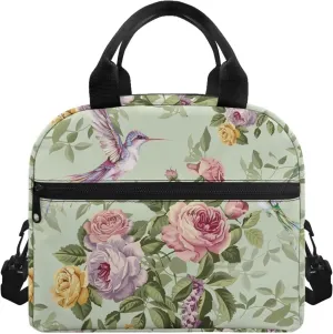 Hummingbird Lunch Bag for Woman Floral Print Insulated Cooler Bag Reusable Portable Thermal Lunch Tote for Work Camping Picnic Beach Home Restaurant Office Hiking Outdoor