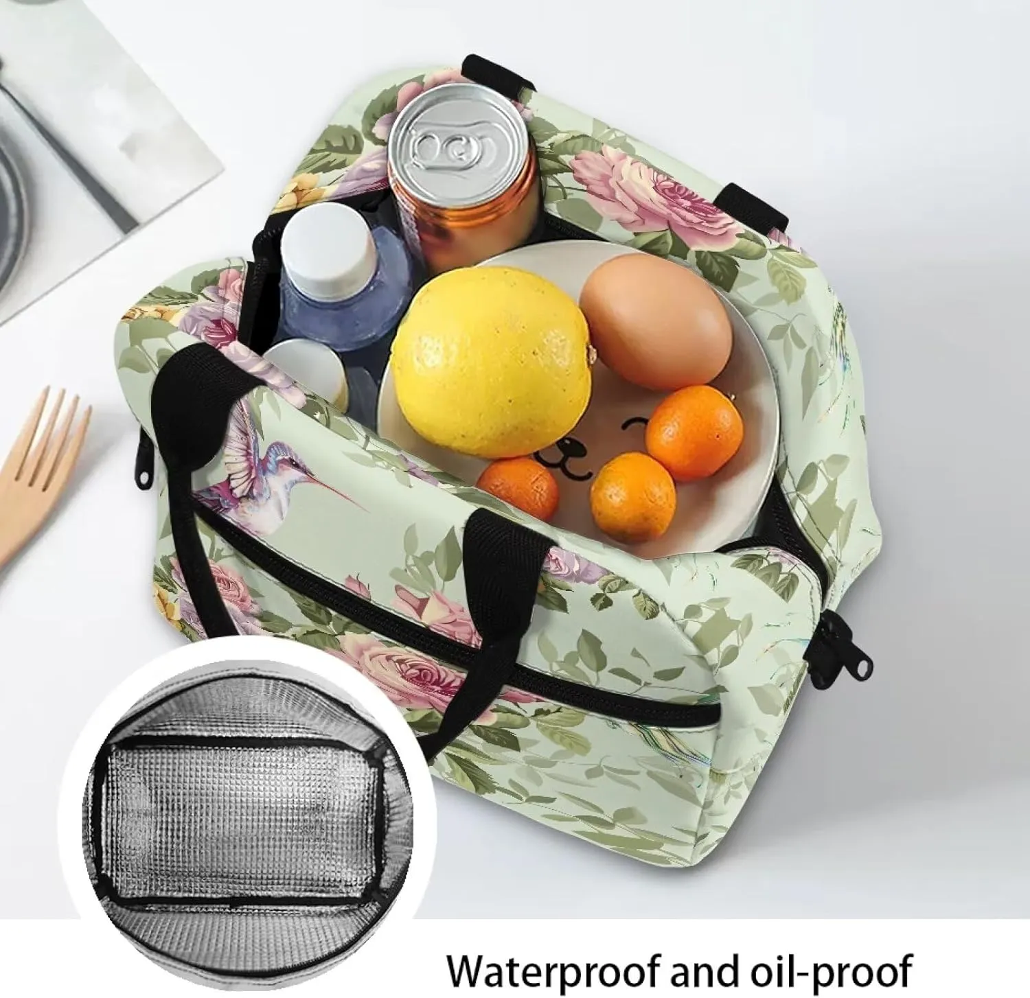 Hummingbird Lunch Bag for Woman Floral Print Insulated Cooler Bag Reusable Portable Thermal Lunch Tote for Work Camping Picnic Beach Home Restaurant Office Hiking Outdoor