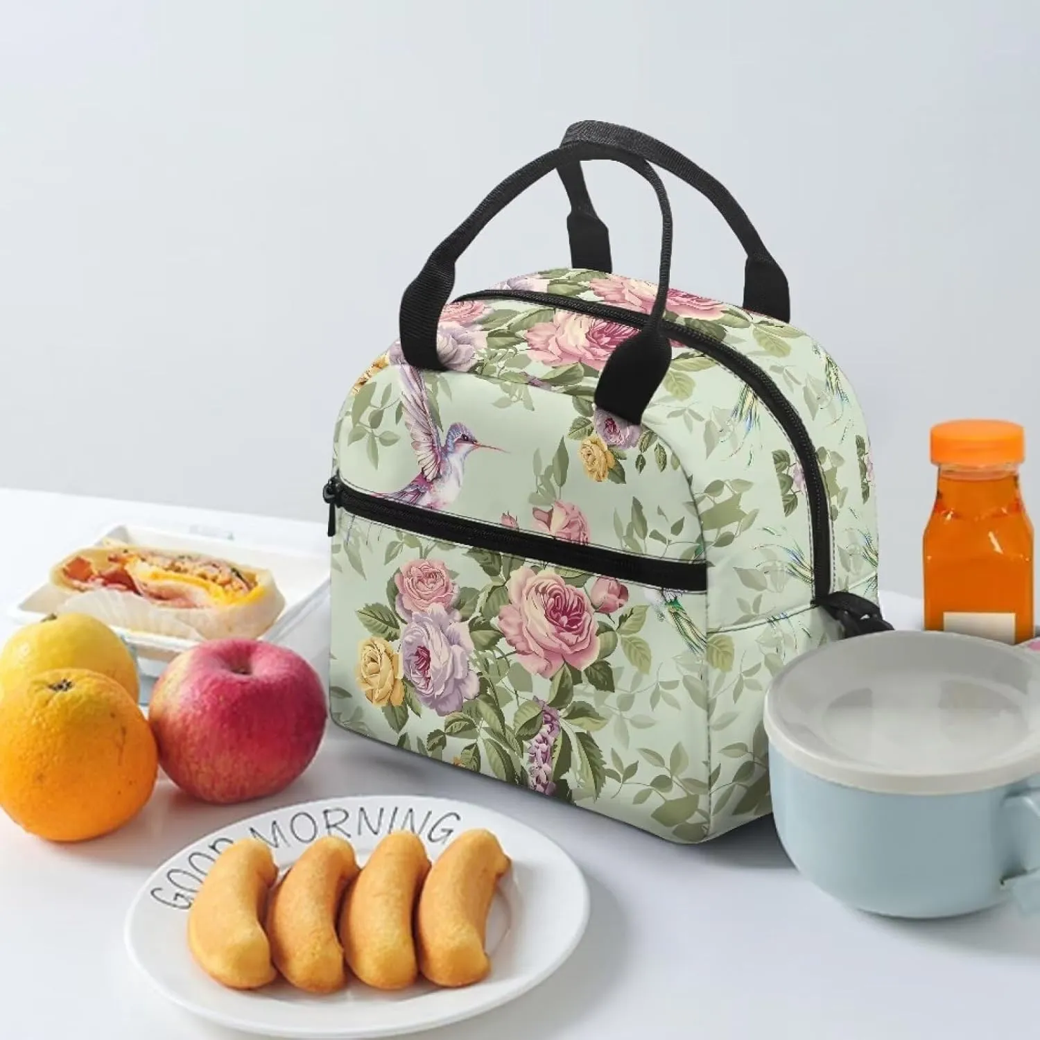 Hummingbird Lunch Bag for Woman Floral Print Insulated Cooler Bag Reusable Portable Thermal Lunch Tote for Work Camping Picnic Beach Home Restaurant Office Hiking Outdoor