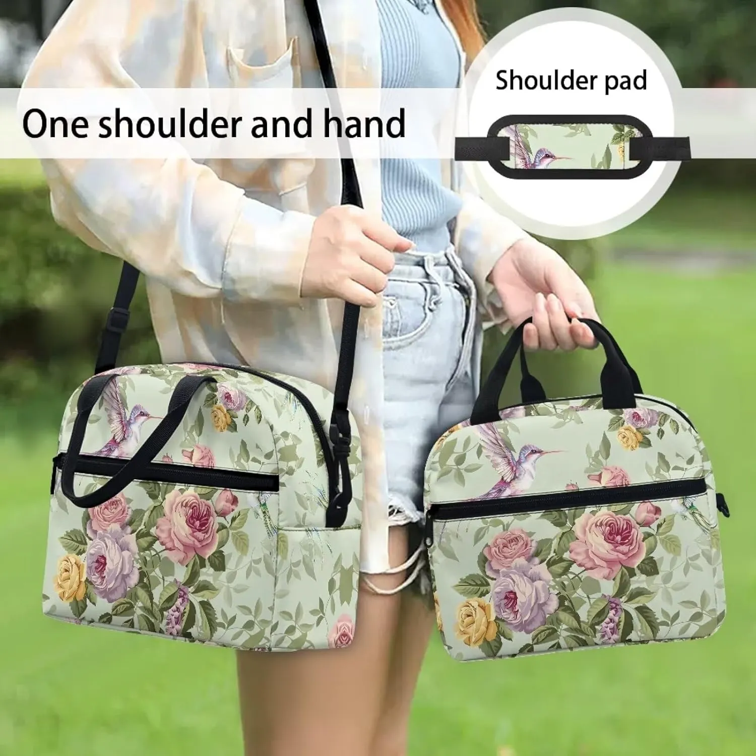 Hummingbird Lunch Bag for Woman Floral Print Insulated Cooler Bag Reusable Portable Thermal Lunch Tote for Work Camping Picnic Beach Home Restaurant Office Hiking Outdoor