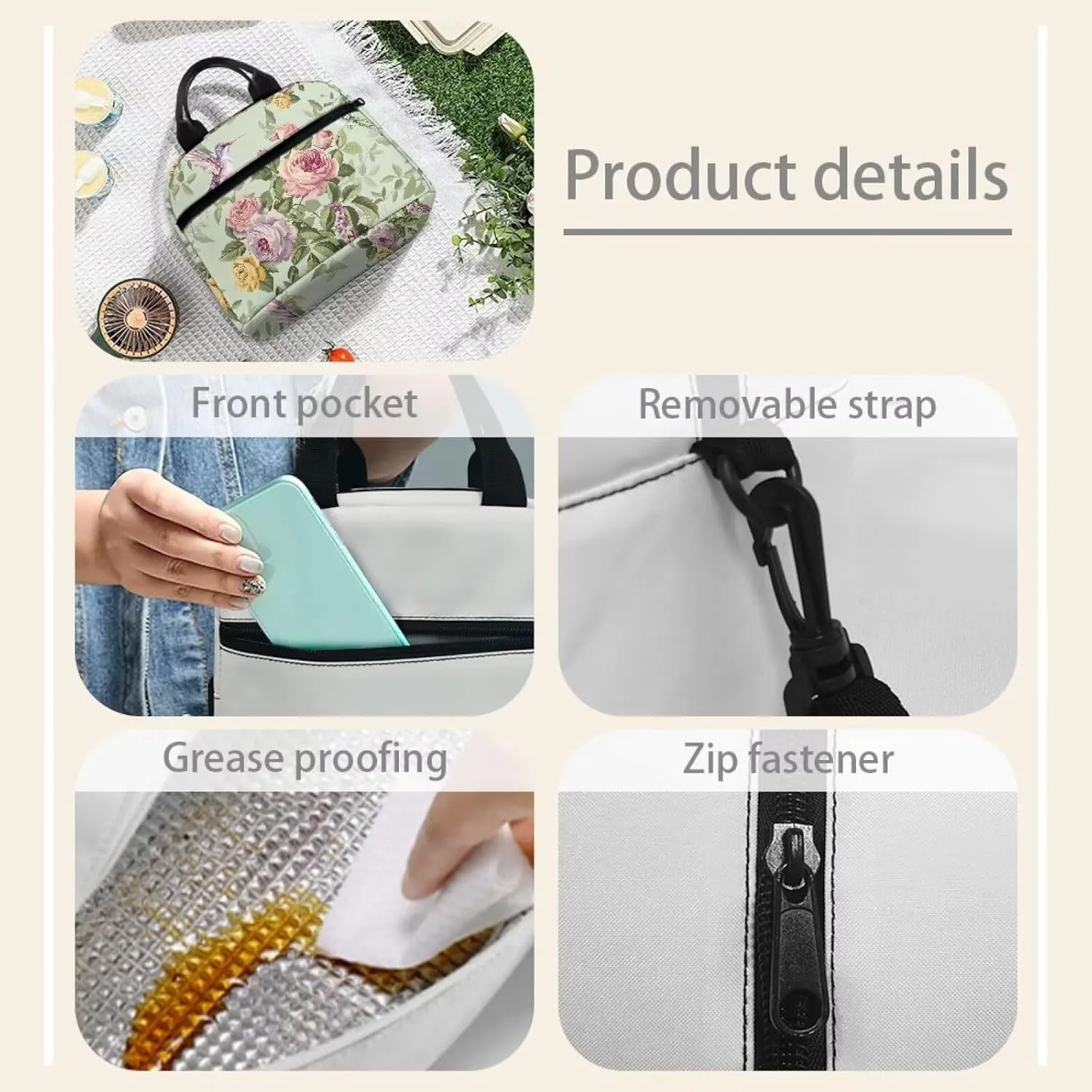 Hummingbird Lunch Bag for Woman Floral Print Insulated Cooler Bag Reusable Portable Thermal Lunch Tote for Work Camping Picnic Beach Home Restaurant Office Hiking Outdoor