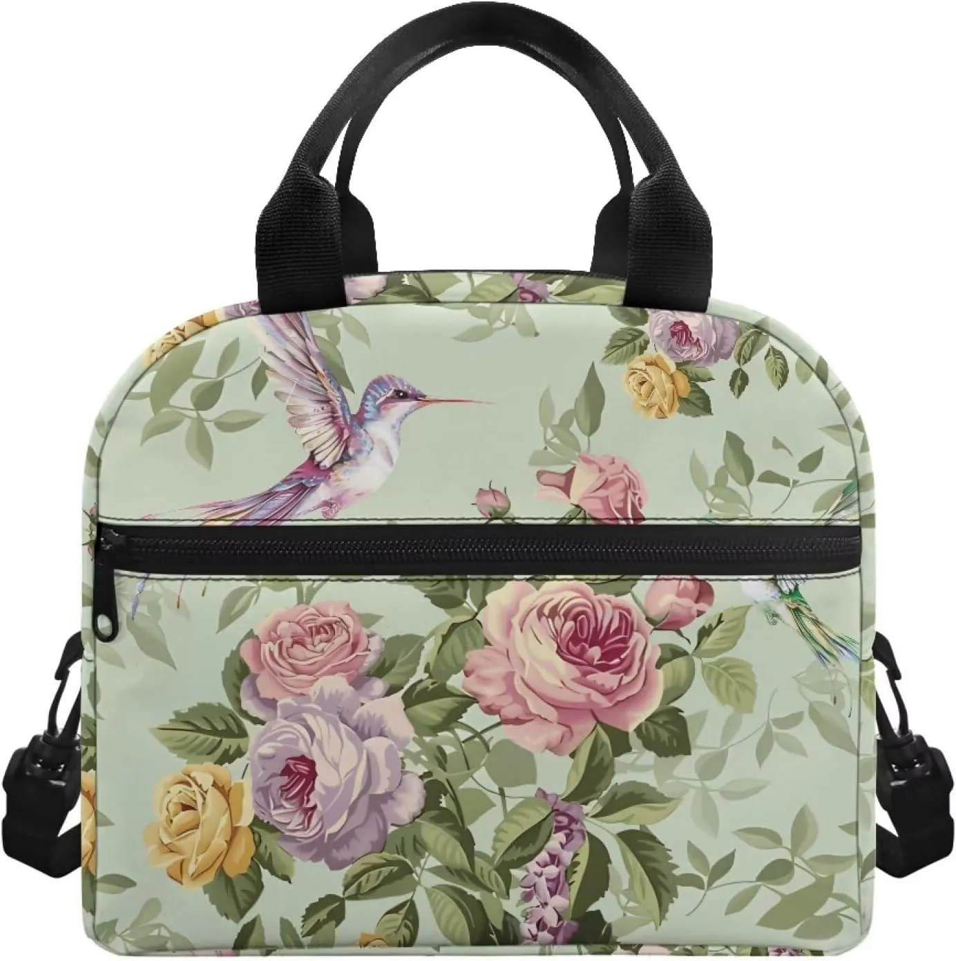 Hummingbird Lunch Bag for Woman Floral Print Insulated Cooler Bag Reusable Portable Thermal Lunch Tote for Work Camping Picnic Beach Home Restaurant Office Hiking Outdoor