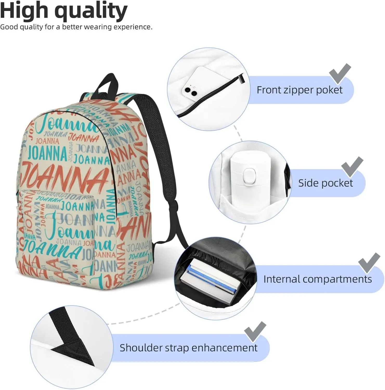 Husguciy Custom Backpack with Name, Personalized Bookbag for Boys Girls Kids, Customized School Bag for School Office Travel (Beige)