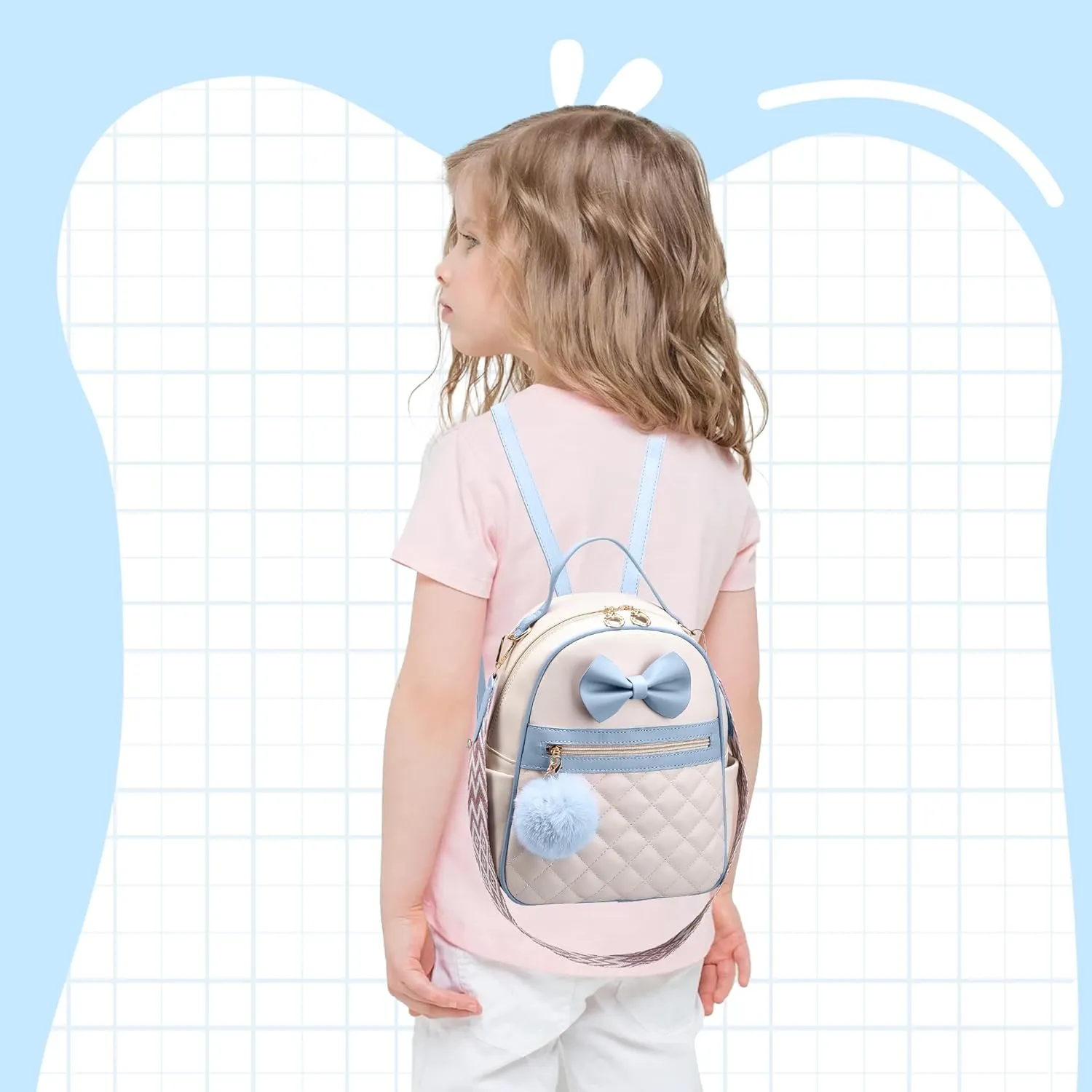 I IHAYNER Cute Small Backpack Purse with Bow Mini Backpack Fashion Vegan Leather Pompom Backpack Shoulder Bag for Girs Blue