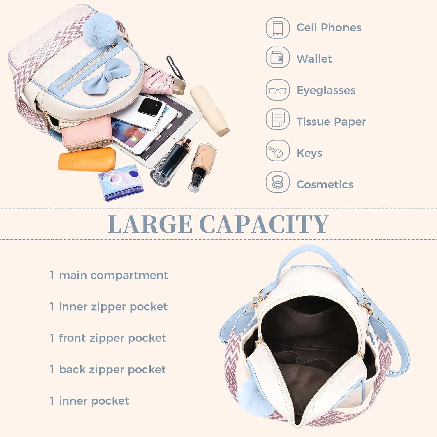 I IHAYNER Cute Small Backpack Purse with Bow Mini Backpack Fashion Vegan Leather Pompom Backpack Shoulder Bag for Girs Blue