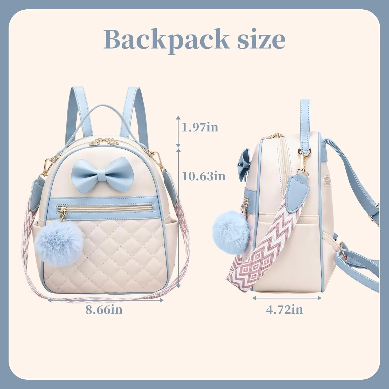 I IHAYNER Cute Small Backpack Purse with Bow Mini Backpack Fashion Vegan Leather Pompom Backpack Shoulder Bag for Girs Blue