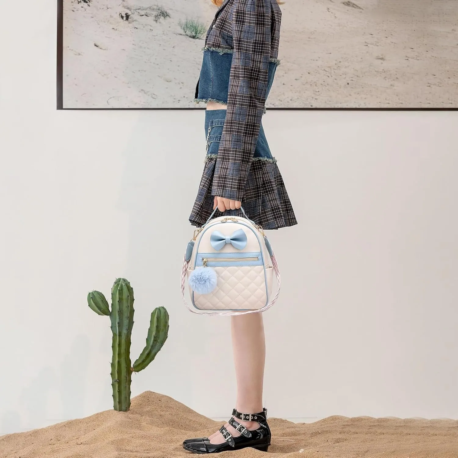 I IHAYNER Cute Small Backpack Purse with Bow Mini Backpack Fashion Vegan Leather Pompom Backpack Shoulder Bag for Girs Blue