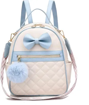 I IHAYNER Cute Small Backpack Purse with Bow Mini Backpack Fashion Vegan Leather Pompom Backpack Shoulder Bag for Girs Blue