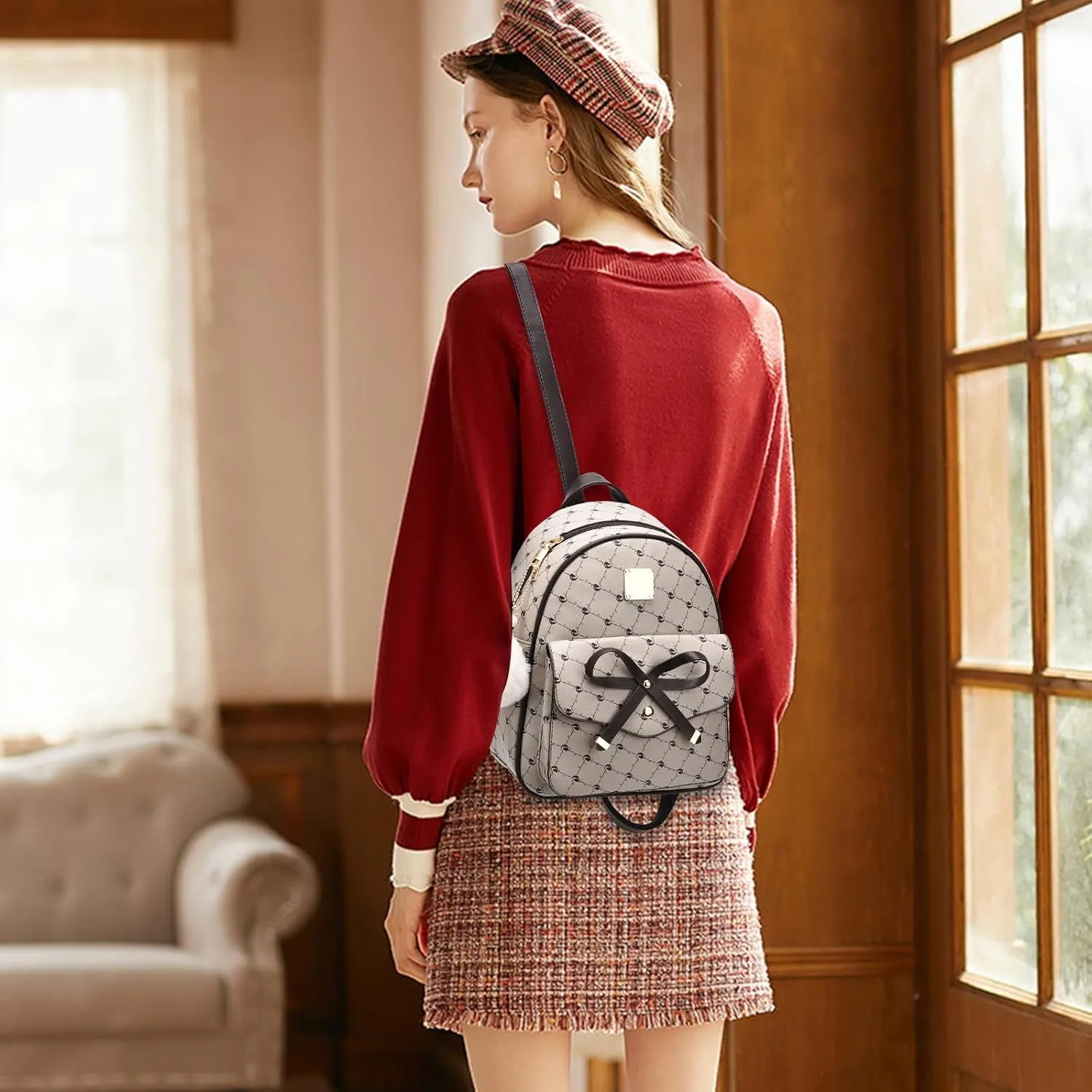 I IHAYNER Girls Bowknot 3-Pieces Fahsion Leather Backpack Backpack Purse for Women Rucksack for Ladies Shoulder Bag