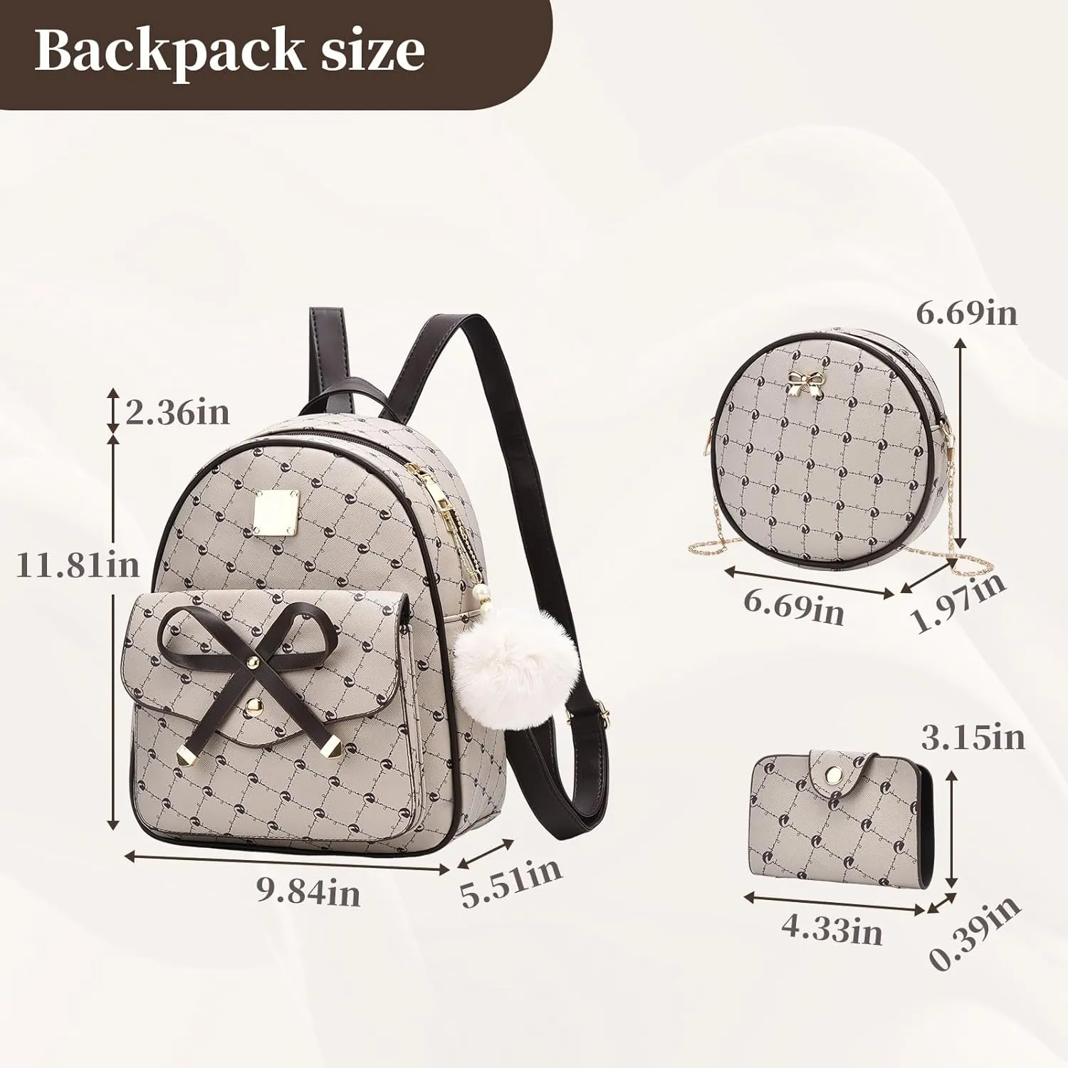 I IHAYNER Girls Bowknot 3-Pieces Fahsion Leather Backpack Backpack Purse for Women Rucksack for Ladies Shoulder Bag