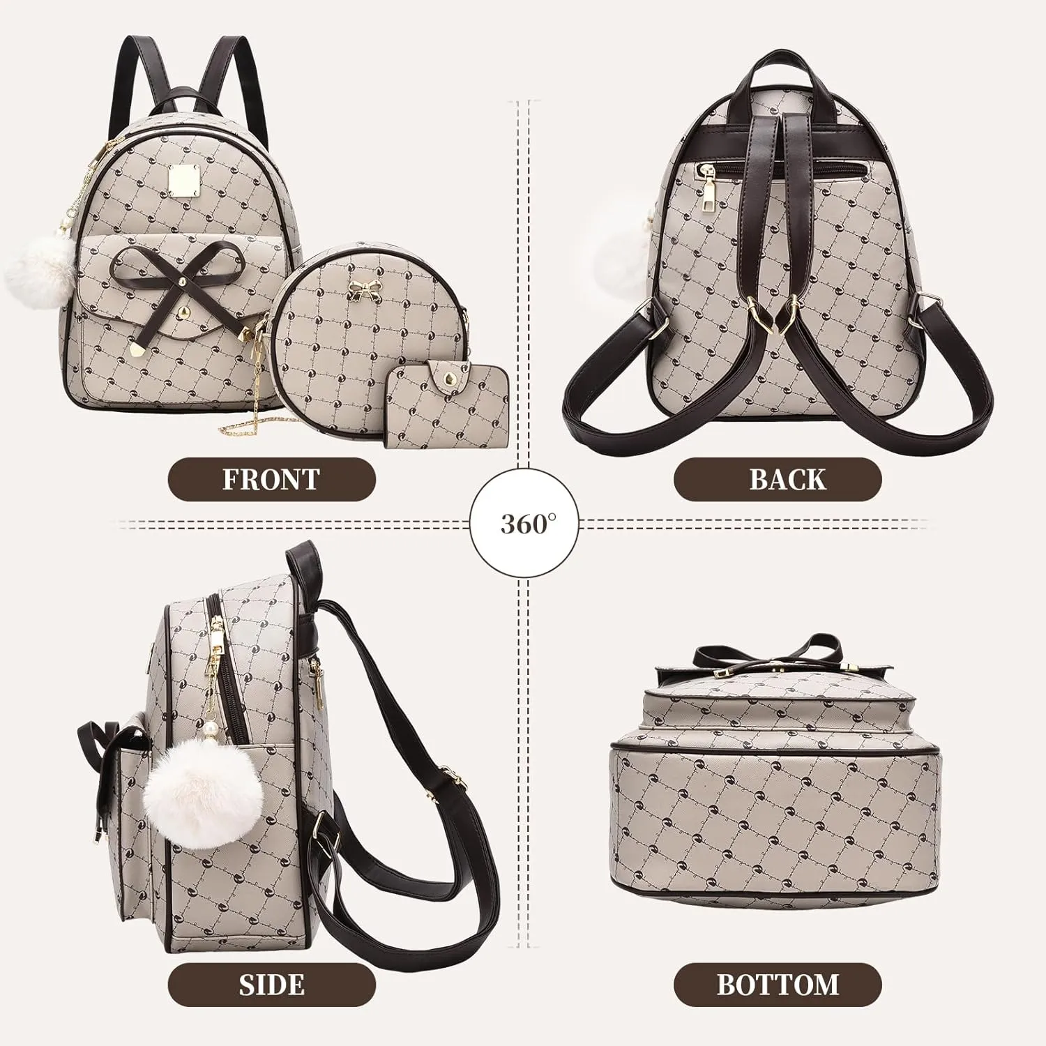 I IHAYNER Girls Bowknot 3-Pieces Fahsion Leather Backpack Backpack Purse for Women Rucksack for Ladies Shoulder Bag