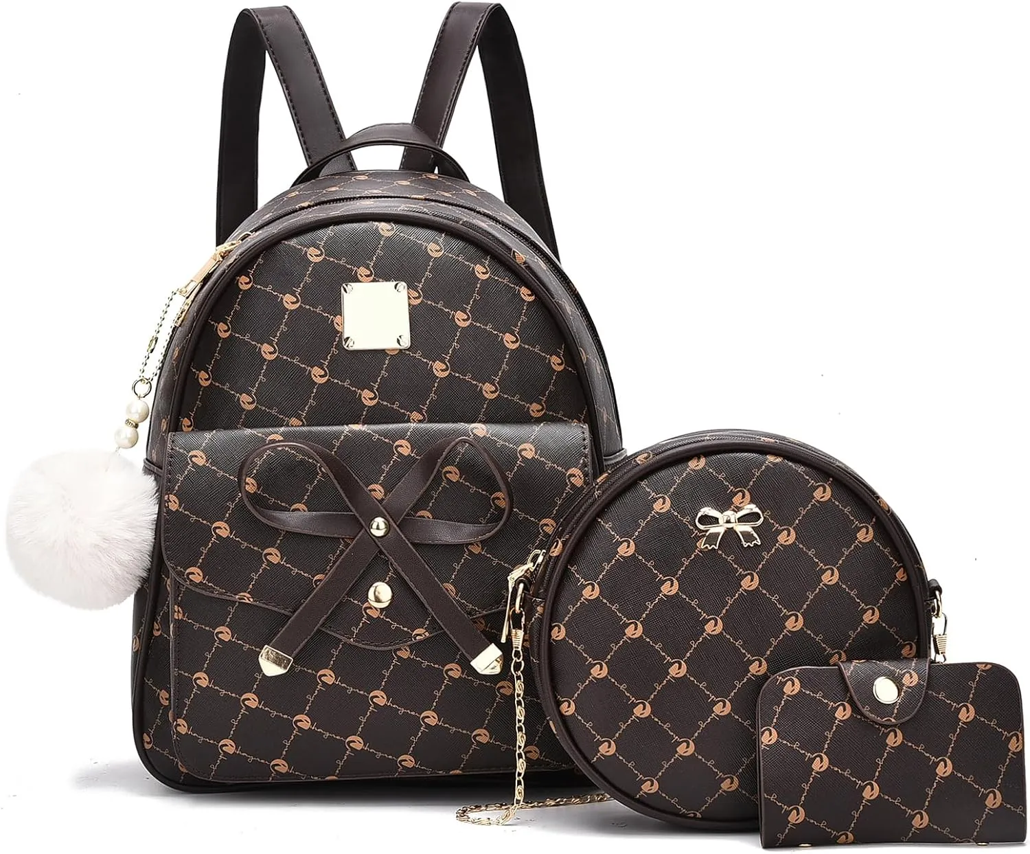 I IHAYNER Girls Bowknot 3-Pieces Fahsion Leather Backpack Backpack Purse for Women Rucksack for Ladies Shoulder Bag