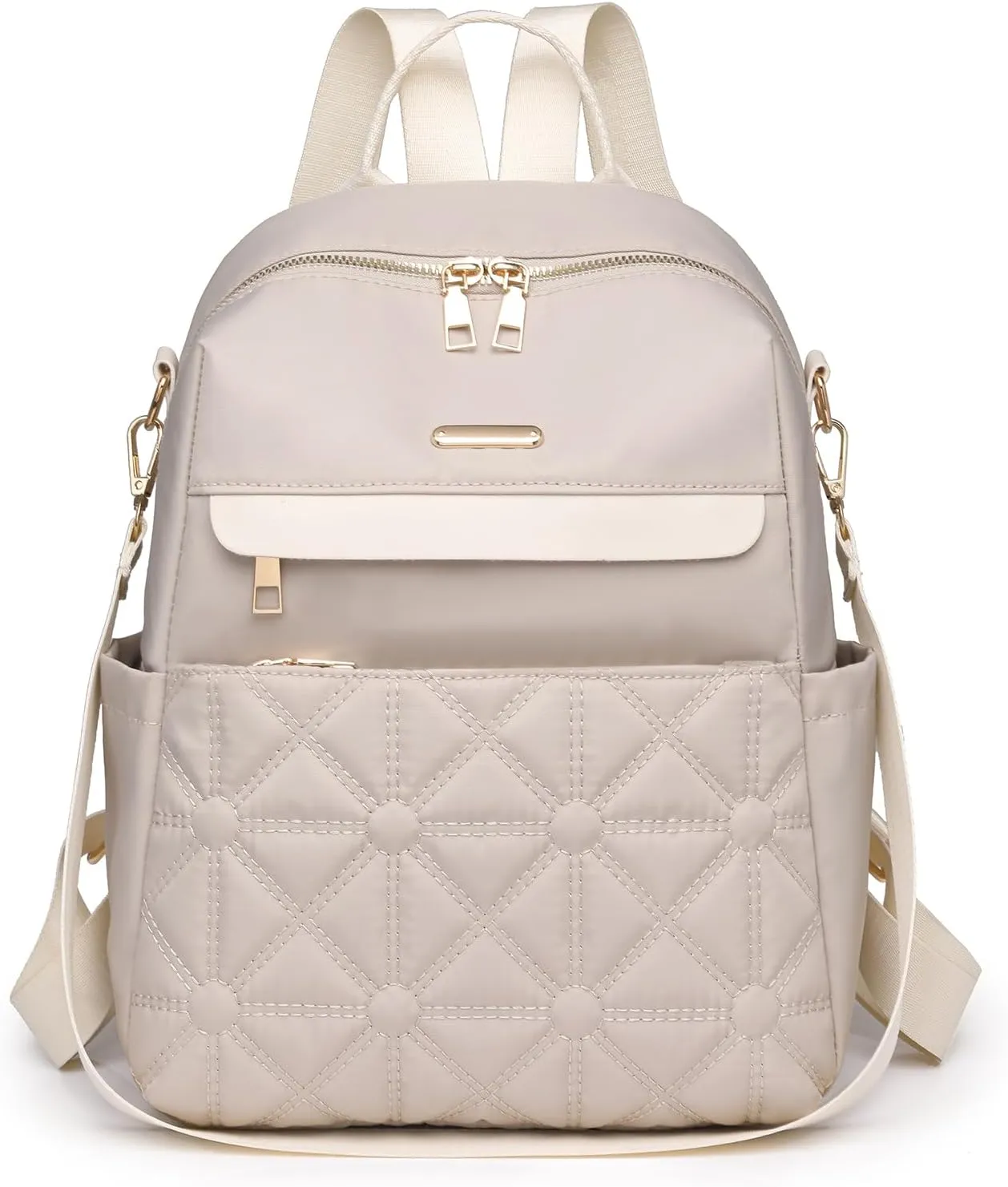 I IHAYNER Nylon Backpack Purse for Women Fashion Multipurpose Handbag Ladies Shoulder Bags Quilted Casual Travel Backpack Beige
