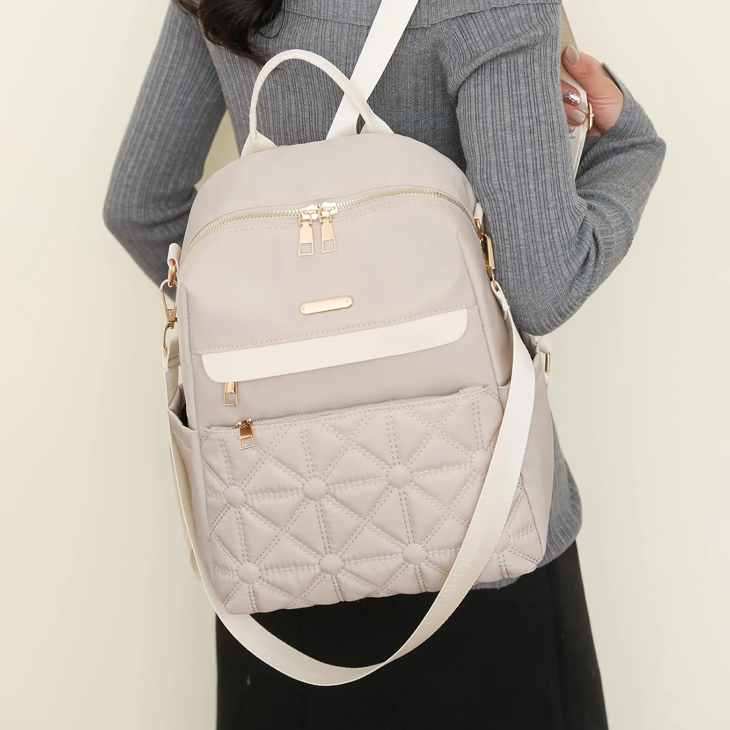 I IHAYNER Nylon Backpack Purse for Women Fashion Multipurpose Handbag Ladies Shoulder Bags Quilted Casual Travel Backpack Beige