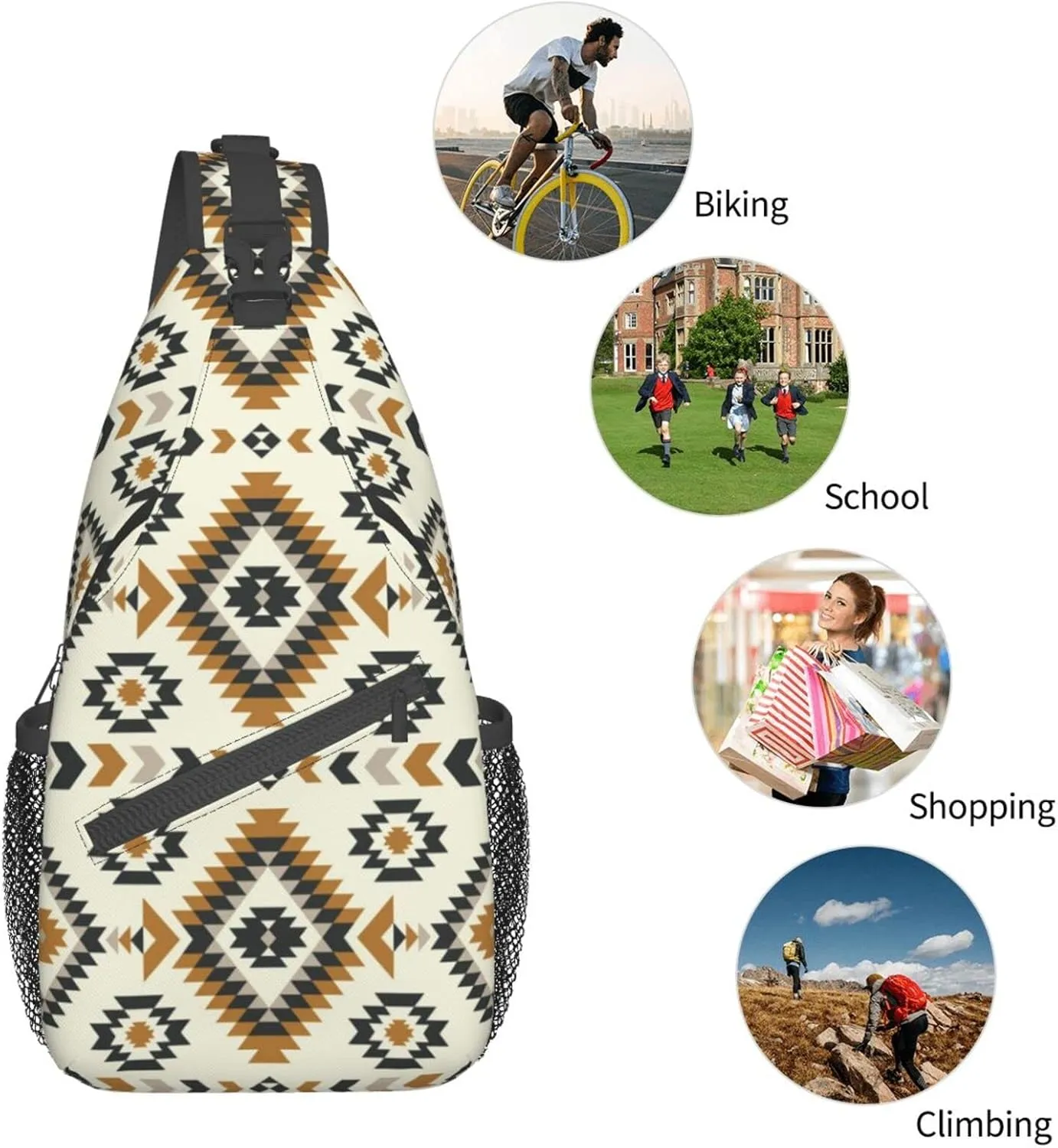 Indian Native American Ethnic Beige Sling Bag for Women Men Crossbody Sling Backpack Travel Hiking Daypack Shoulder Chest Bag with Adjustable Strap