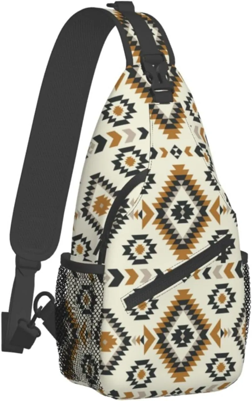 Indian Native American Ethnic Beige Sling Bag for Women Men Crossbody Sling Backpack Travel Hiking Daypack Shoulder Chest Bag with Adjustable Strap