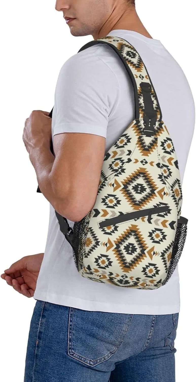 Indian Native American Ethnic Beige Sling Bag for Women Men Crossbody Sling Backpack Travel Hiking Daypack Shoulder Chest Bag with Adjustable Strap
