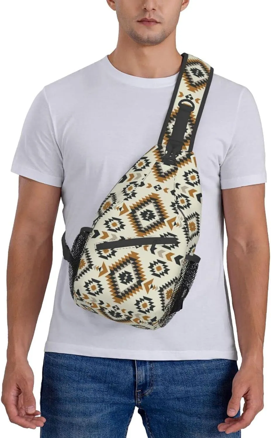 Indian Native American Ethnic Beige Sling Bag for Women Men Crossbody Sling Backpack Travel Hiking Daypack Shoulder Chest Bag with Adjustable Strap