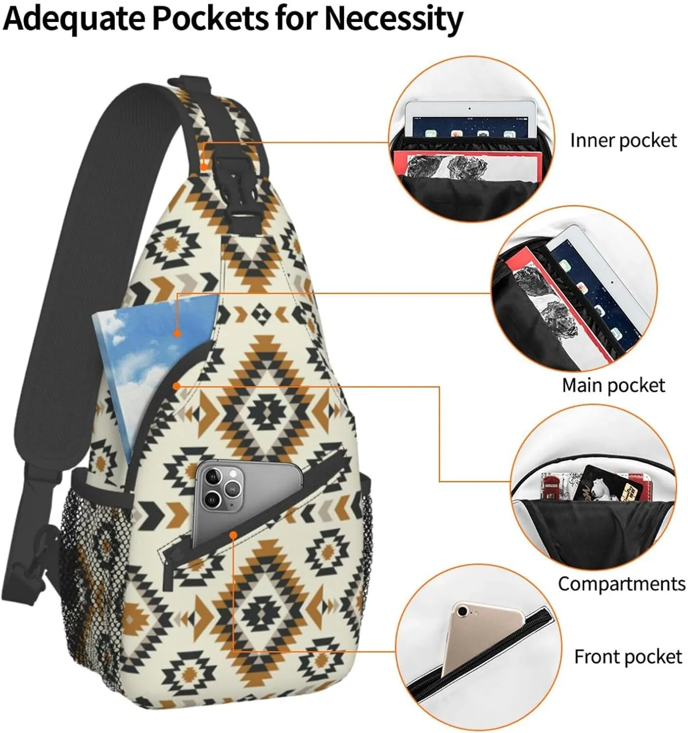 Indian Native American Ethnic Beige Sling Bag for Women Men Crossbody Sling Backpack Travel Hiking Daypack Shoulder Chest Bag with Adjustable Strap