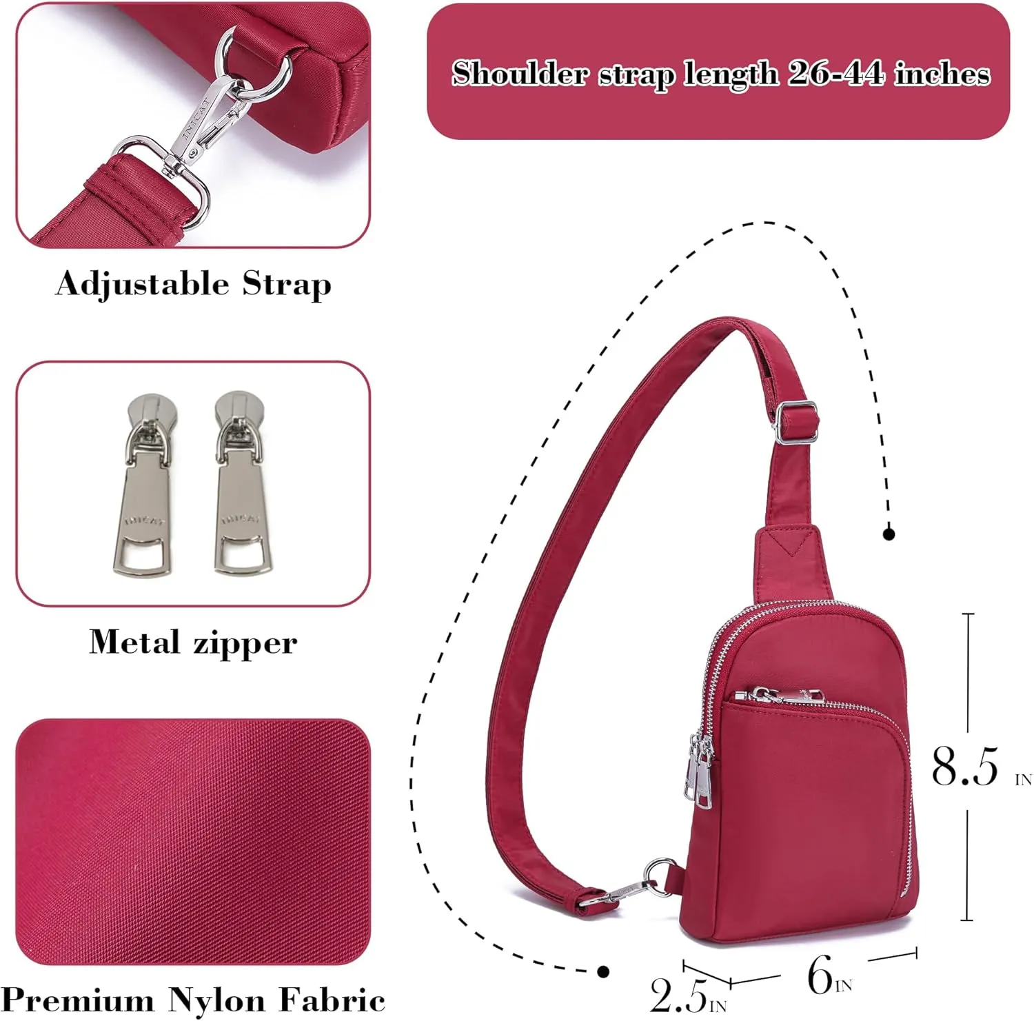 INICAT RFID Blocking Nylon Crossbody Bag for Women Small Sling Bag Travel Fanny Packs Belt Bag（red）