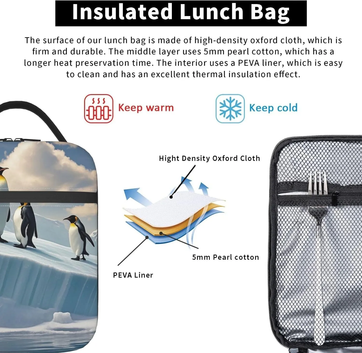 Insulated Lunch Bag for Women Men Portable Reusable Lunch Box Penguins On The Iceberg Lunch Tote Bag for Work Picnic Travel