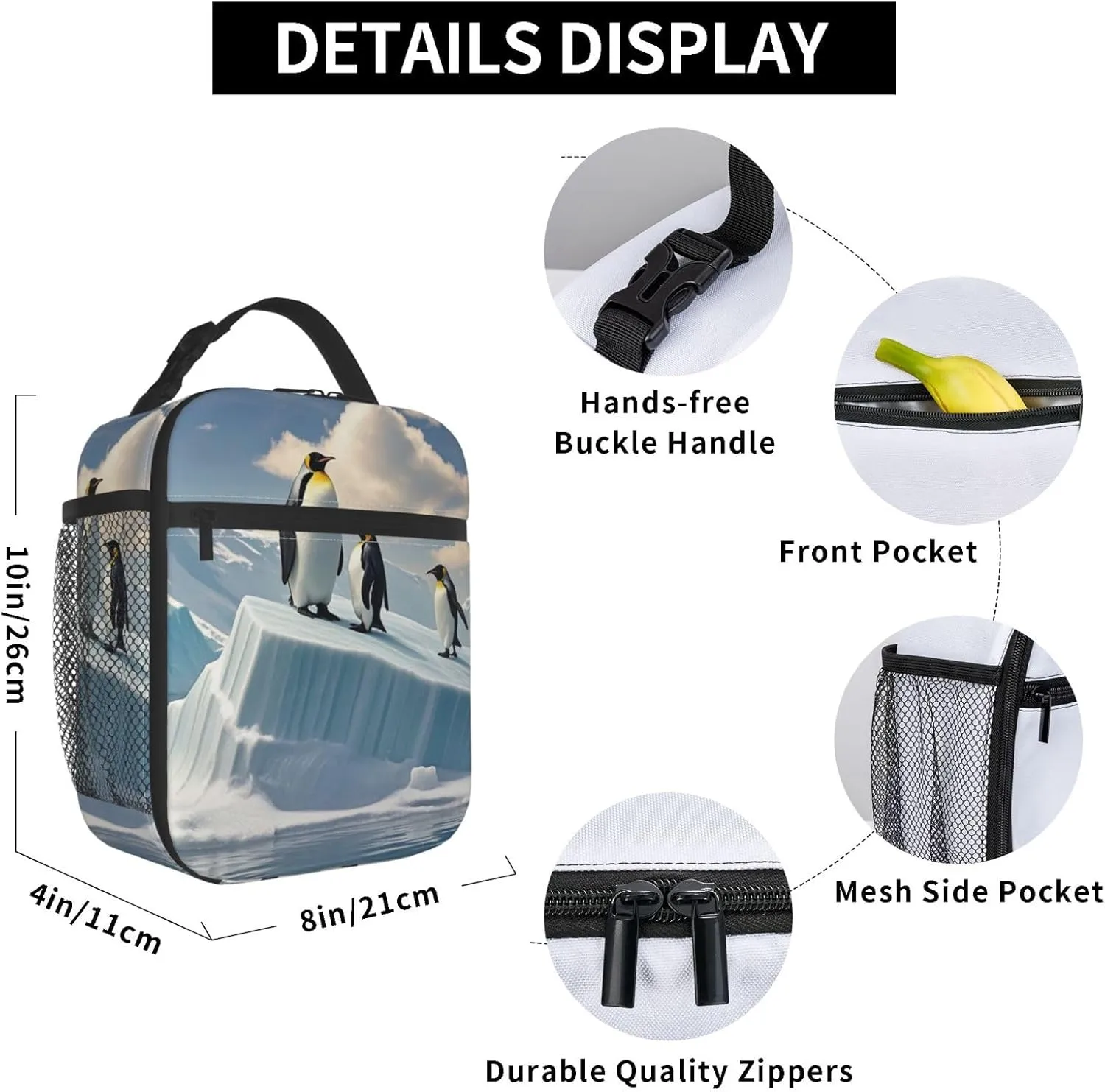 Insulated Lunch Bag for Women Men Portable Reusable Lunch Box Penguins On The Iceberg Lunch Tote Bag for Work Picnic Travel