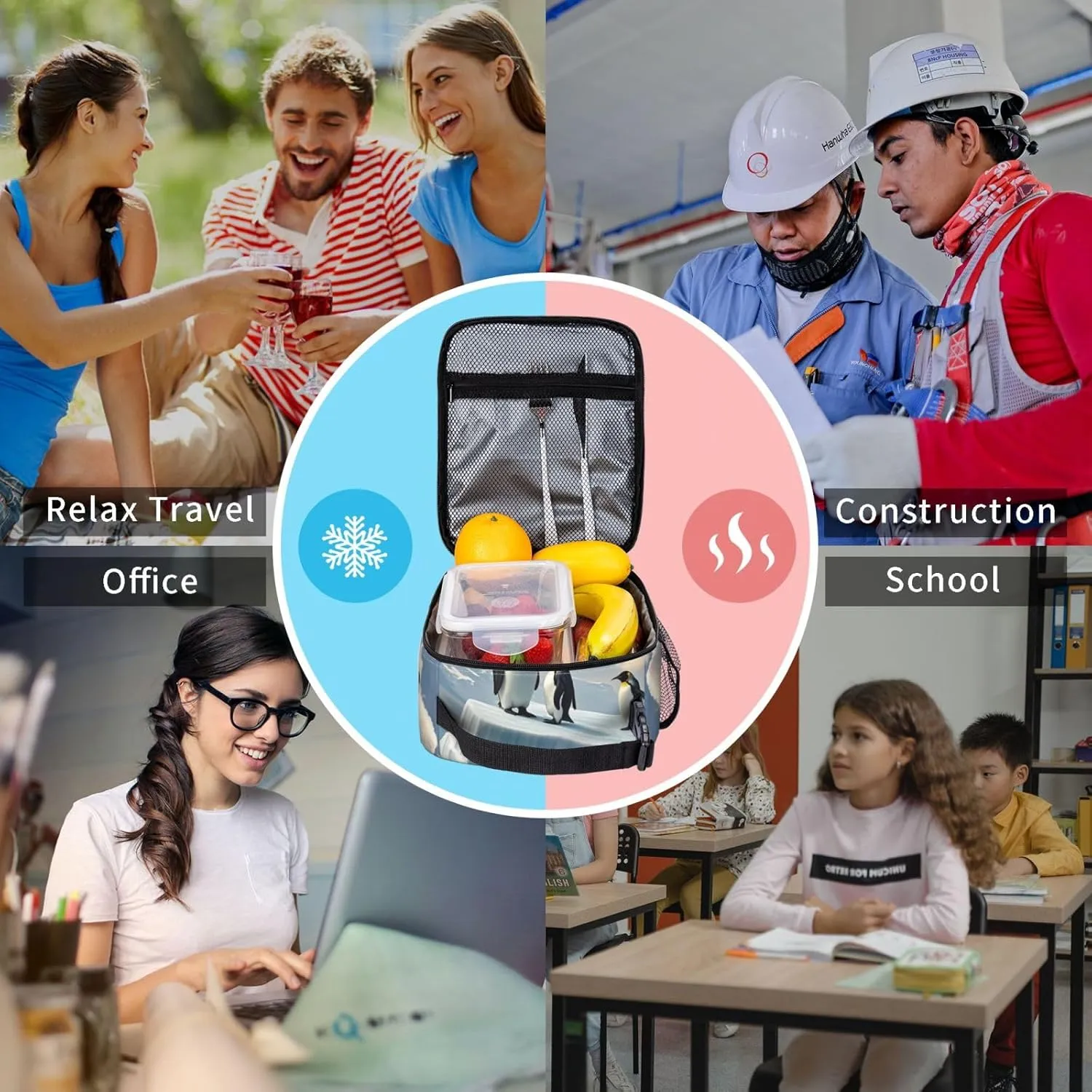 Insulated Lunch Bag for Women Men Portable Reusable Lunch Box Penguins On The Iceberg Lunch Tote Bag for Work Picnic Travel