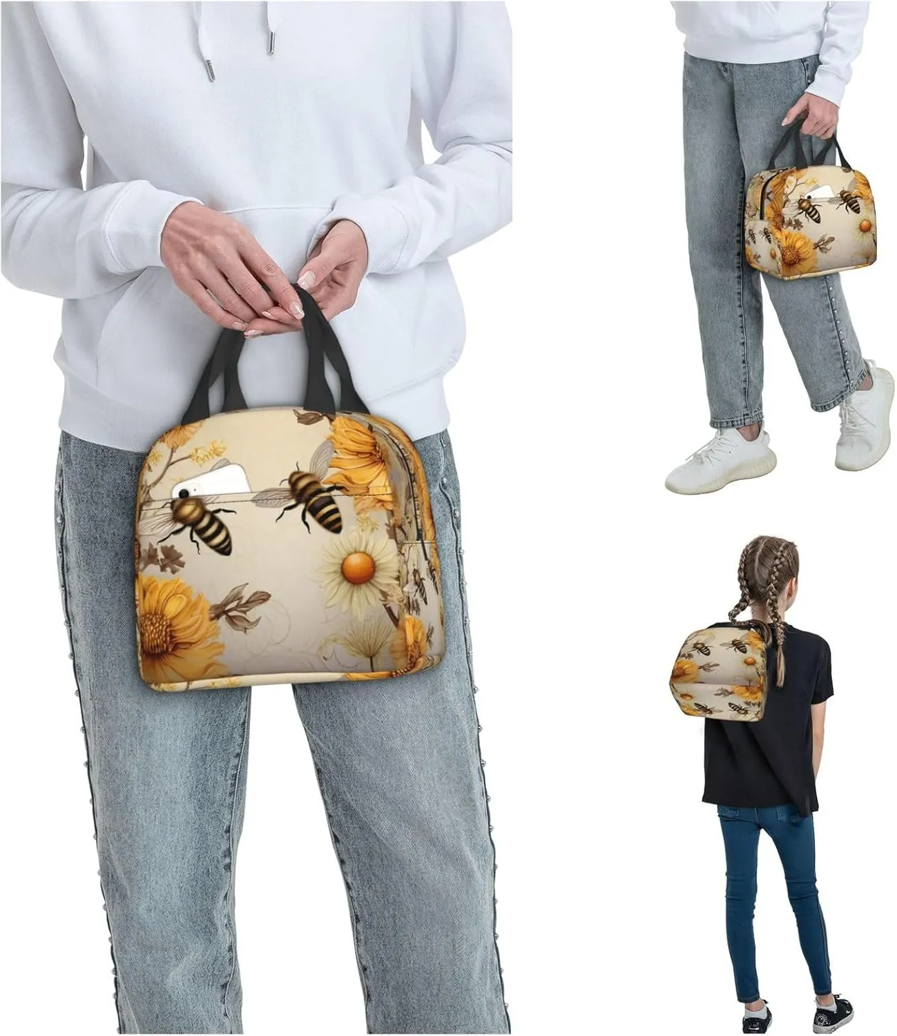 Insulated Lunch Bag for Women Men Portable Reusable Lunch Box Rural Honey Bees Wildflowers Lunch Tote Bag for Work Picnic Travel