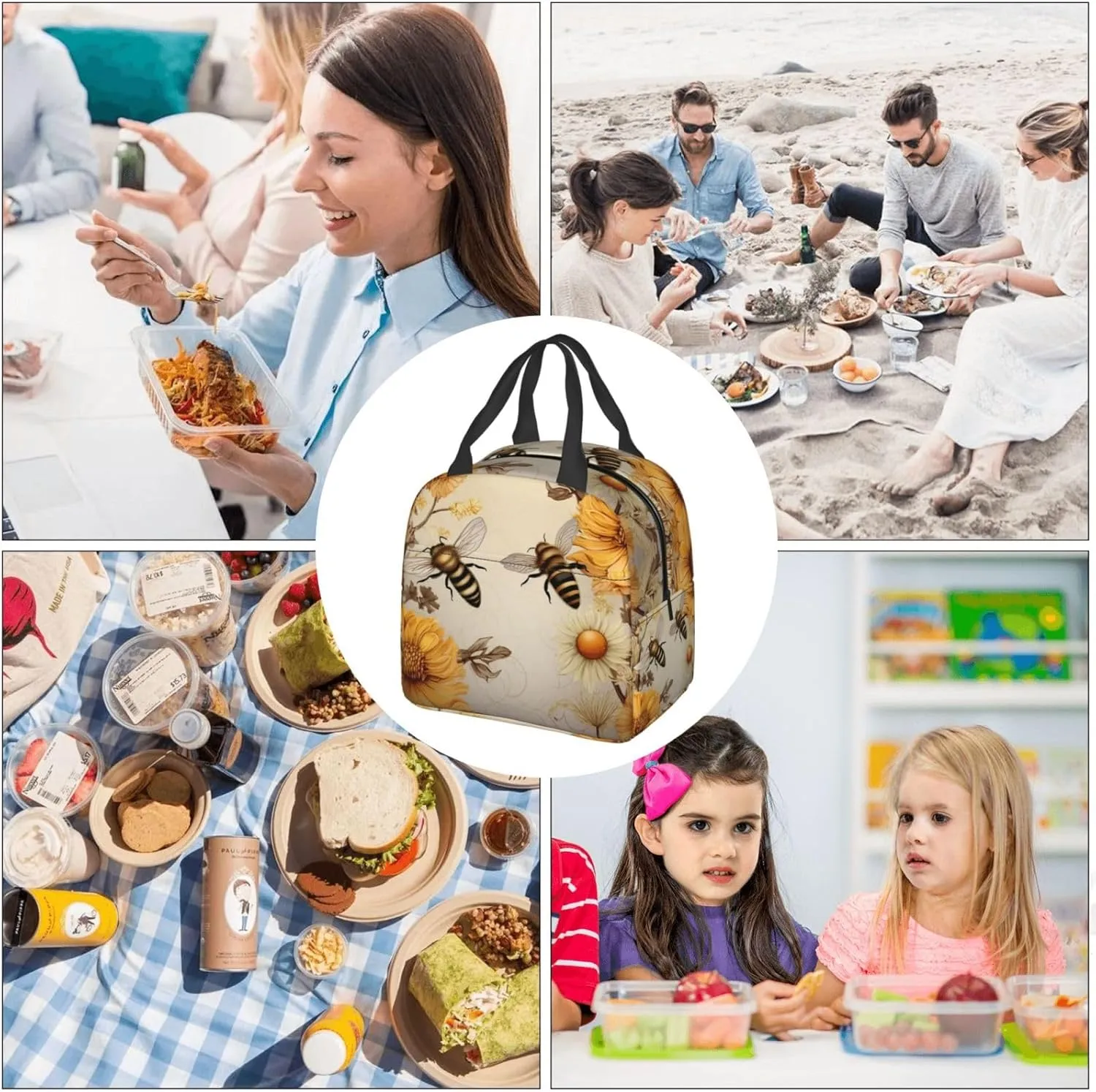 Insulated Lunch Bag for Women Men Portable Reusable Lunch Box Rural Honey Bees Wildflowers Lunch Tote Bag for Work Picnic Travel