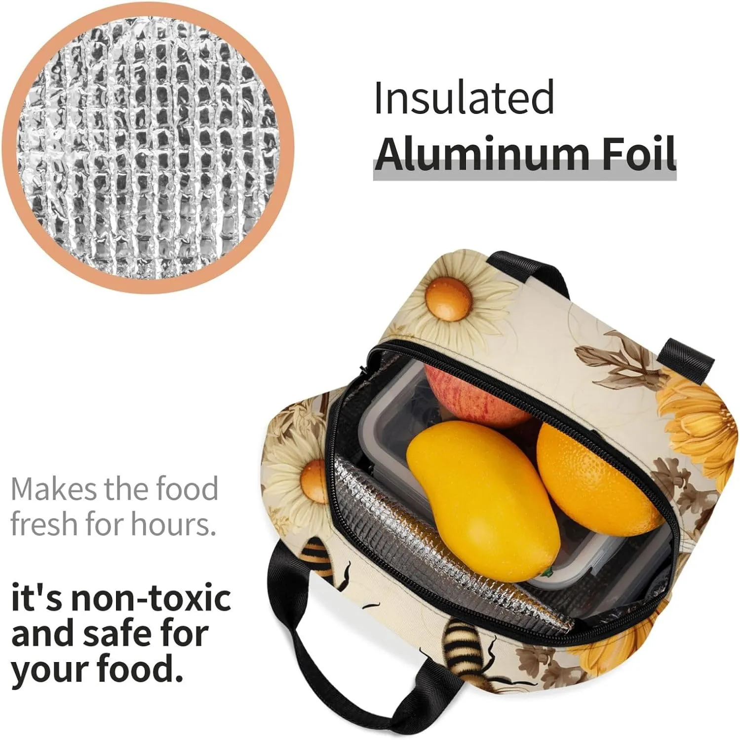 Insulated Lunch Bag for Women Men Portable Reusable Lunch Box Rural Honey Bees Wildflowers Lunch Tote Bag for Work Picnic Travel