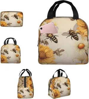Insulated Lunch Bag for Women Men Portable Reusable Lunch Box Rural Honey Bees Wildflowers Lunch Tote Bag for Work Picnic Travel