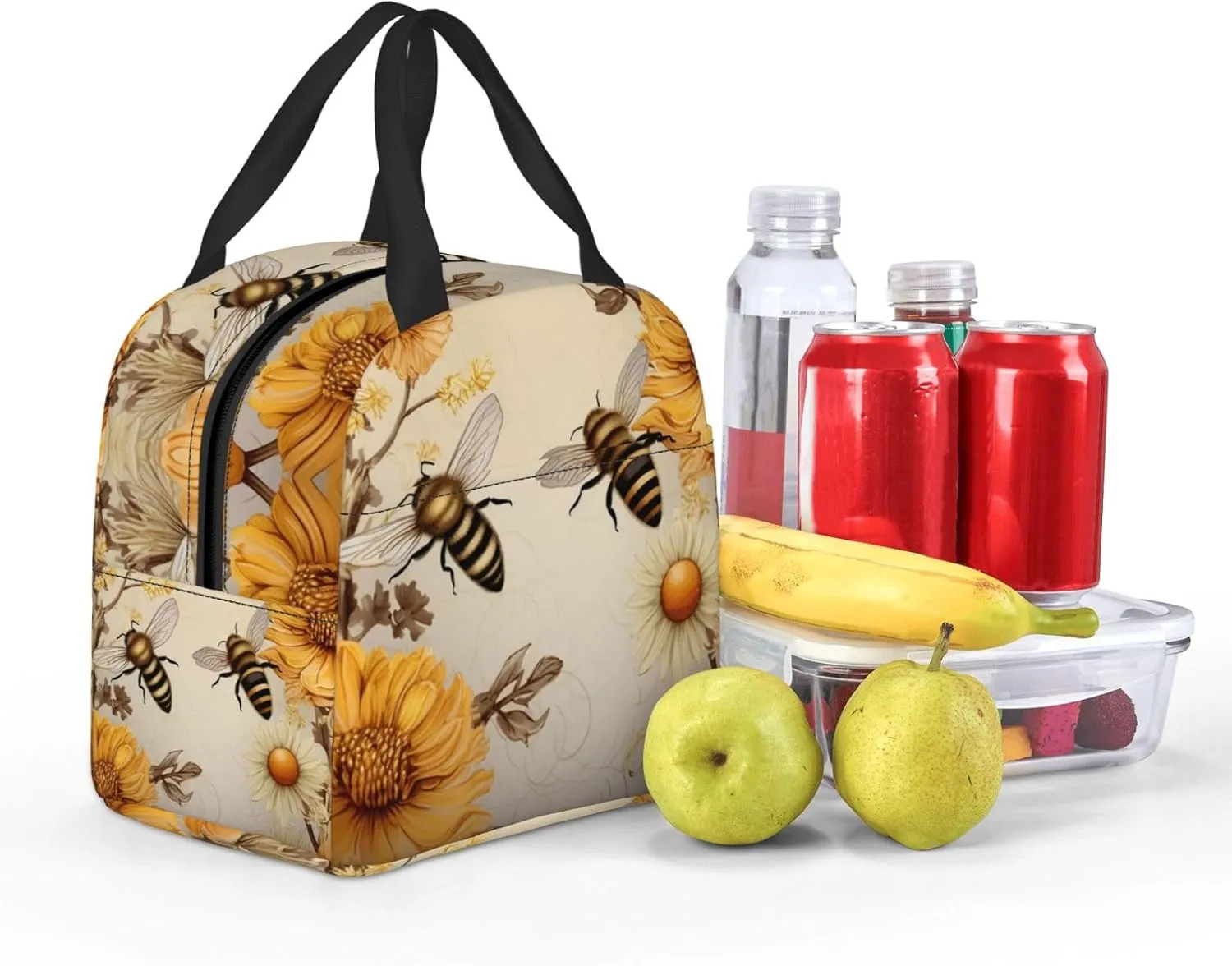 Insulated Lunch Bag for Women Men Portable Reusable Lunch Box Rural Honey Bees Wildflowers Lunch Tote Bag for Work Picnic Travel