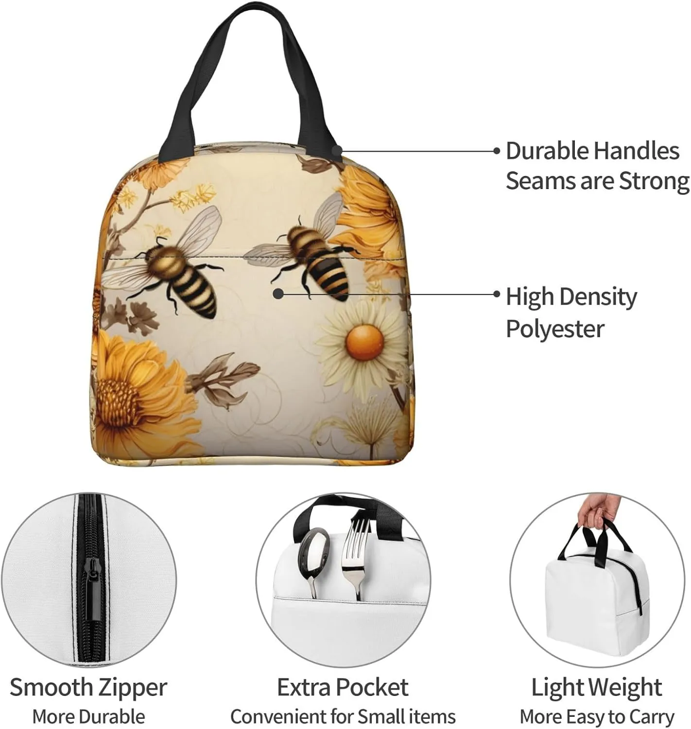 Insulated Lunch Bag for Women Men Portable Reusable Lunch Box Rural Honey Bees Wildflowers Lunch Tote Bag for Work Picnic Travel