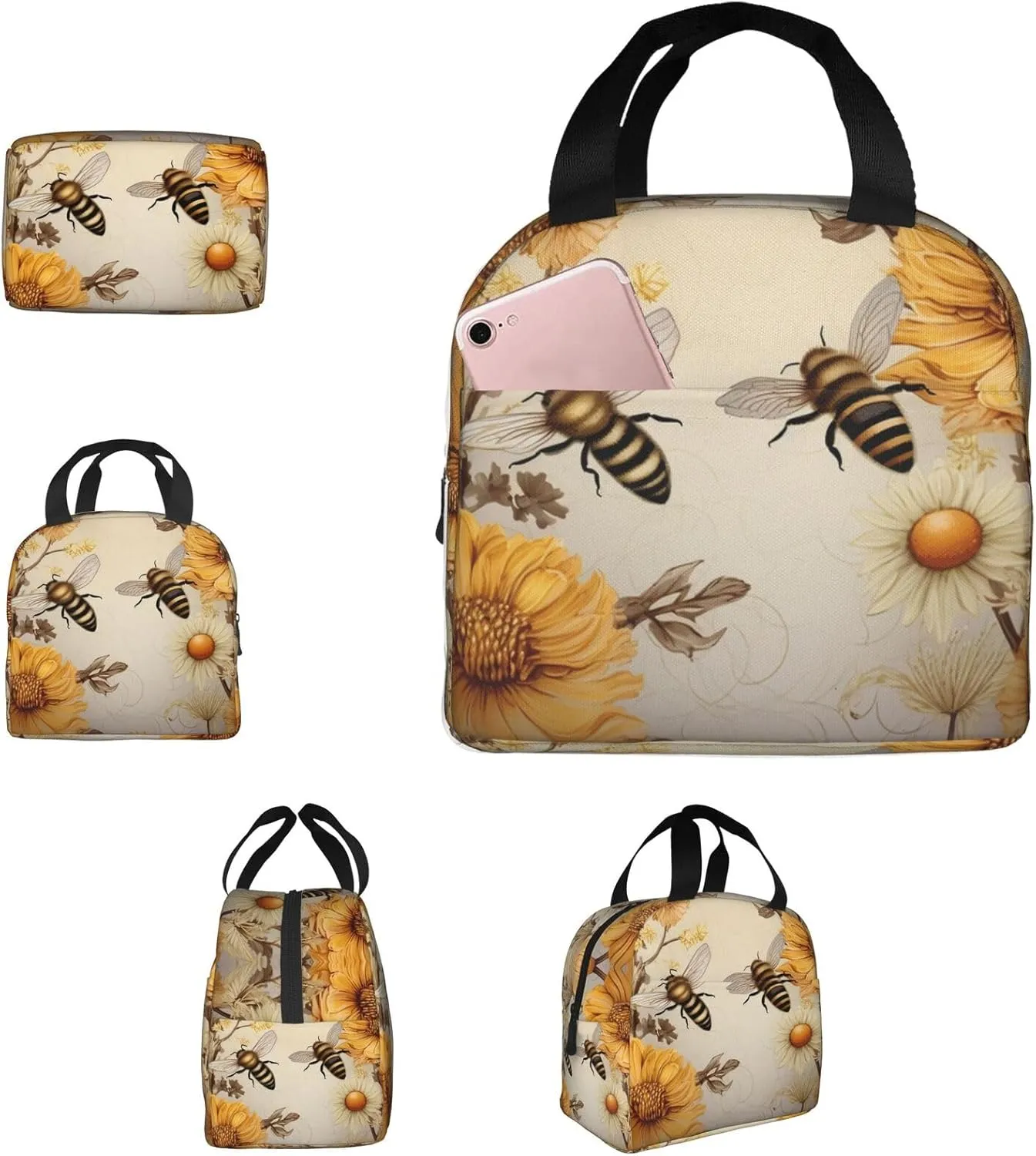 Insulated Lunch Bag for Women Men Portable Reusable Lunch Box Rural Honey Bees Wildflowers Lunch Tote Bag for Work Picnic Travel