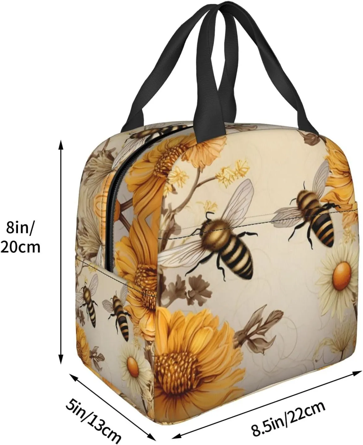 Insulated Lunch Bag for Women Men Portable Reusable Lunch Box Rural Honey Bees Wildflowers Lunch Tote Bag for Work Picnic Travel