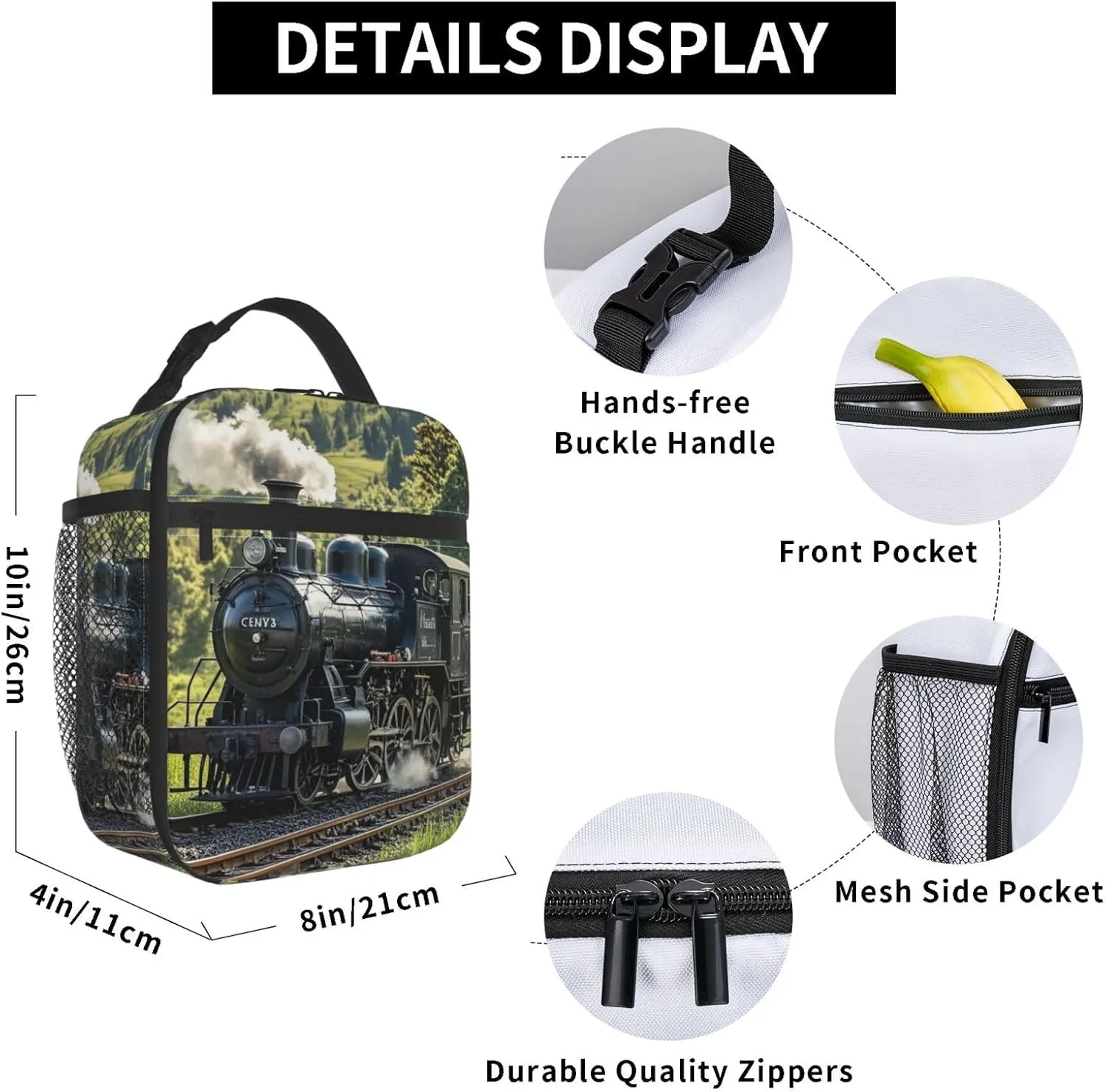 Insulated Lunch Bag for Women Men Portable Reusable Lunch Box Steam Train Lunch Tote Bag for Work Picnic Travel