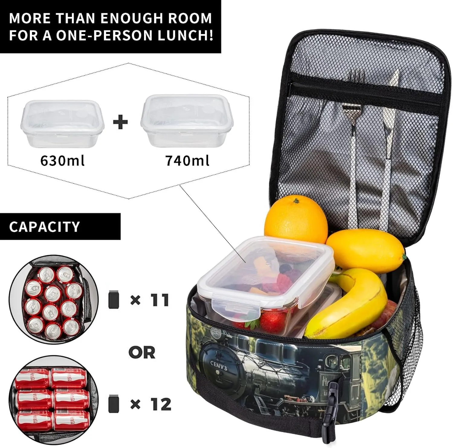 Insulated Lunch Bag for Women Men Portable Reusable Lunch Box Steam Train Lunch Tote Bag for Work Picnic Travel
