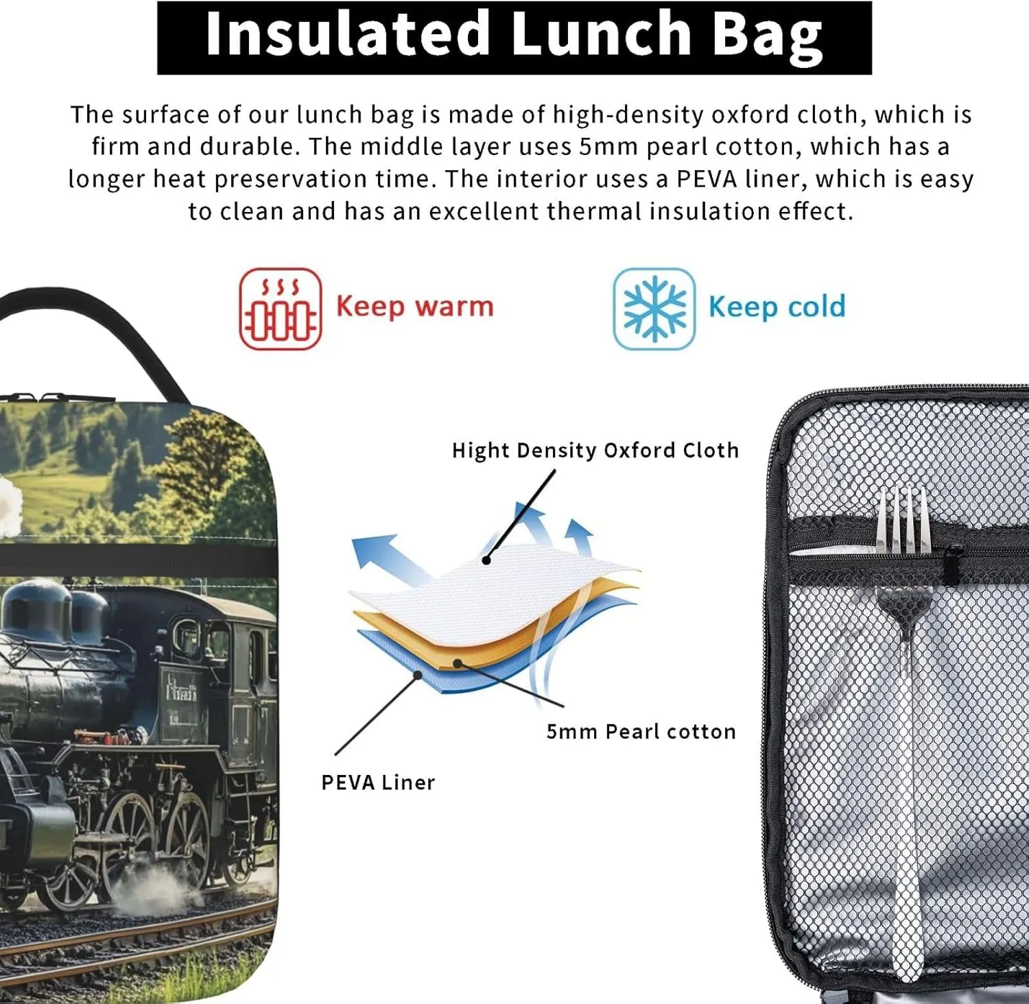 Insulated Lunch Bag for Women Men Portable Reusable Lunch Box Steam Train Lunch Tote Bag for Work Picnic Travel