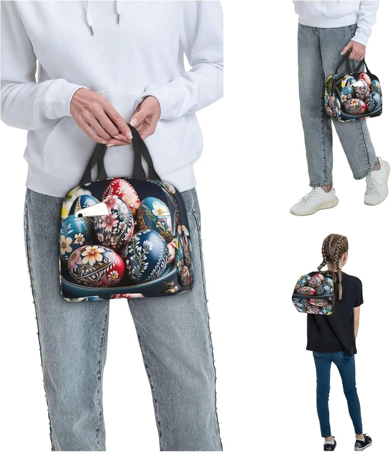 Insulated Lunch Bag for Women Men Portable Reusable Lunch Box Surrounded by Easter Eggs Lunch Tote Bag for Work Picnic Travel