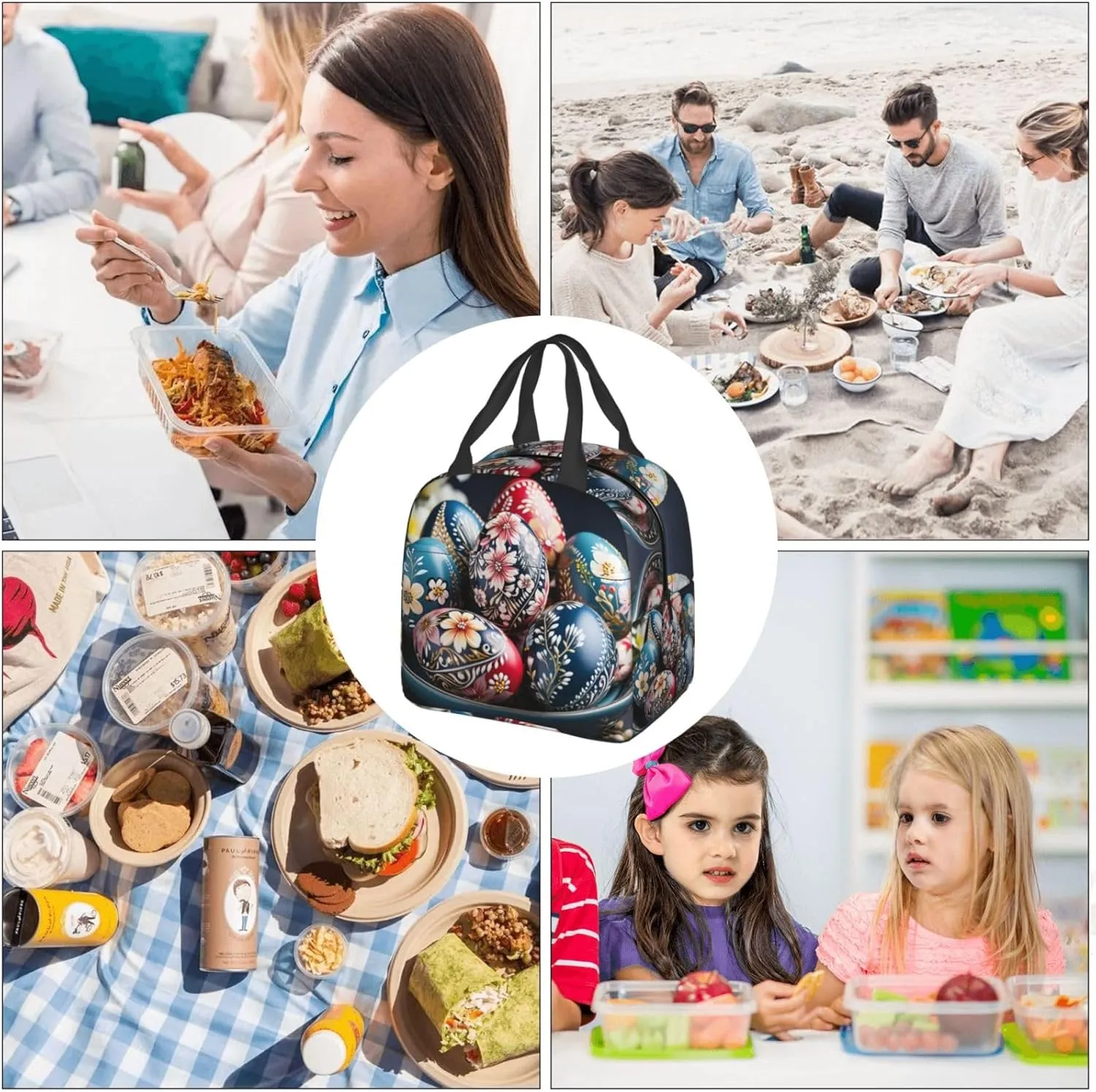 Insulated Lunch Bag for Women Men Portable Reusable Lunch Box Surrounded by Easter Eggs Lunch Tote Bag for Work Picnic Travel