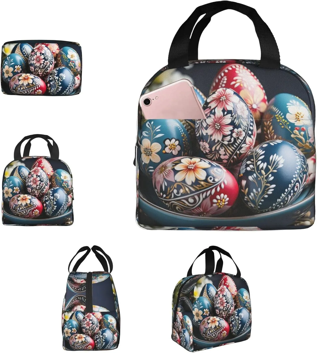 Insulated Lunch Bag for Women Men Portable Reusable Lunch Box Surrounded by Easter Eggs Lunch Tote Bag for Work Picnic Travel