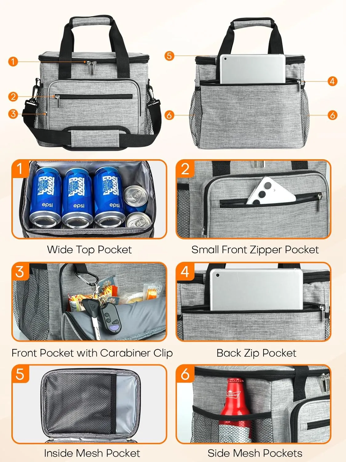 Insulated Lunch Bag, Large Leakproof lunchbag Lunch Boxes for Adult Men Women, Soft Cooler Bags with 6 Pockets and Carabiner Clip for Work Picnic Travel (15L, Gray)