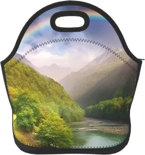 Insulated Lunch Bag Lunch box for Women Men Reusable Cooler Bag Mountain Valley with Rainbow Lunch Bag Soft Neoprene Lunch Tote Bag Leakproof Lunchbox for Work Travel Picnic Office